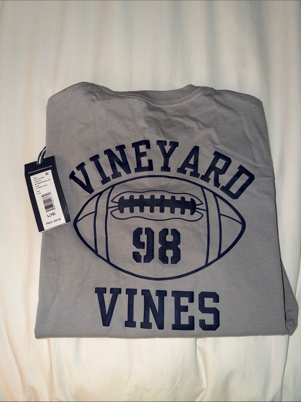 Vineyard Vines Gray Long Sleeve Tee with Navy Football Graphic
